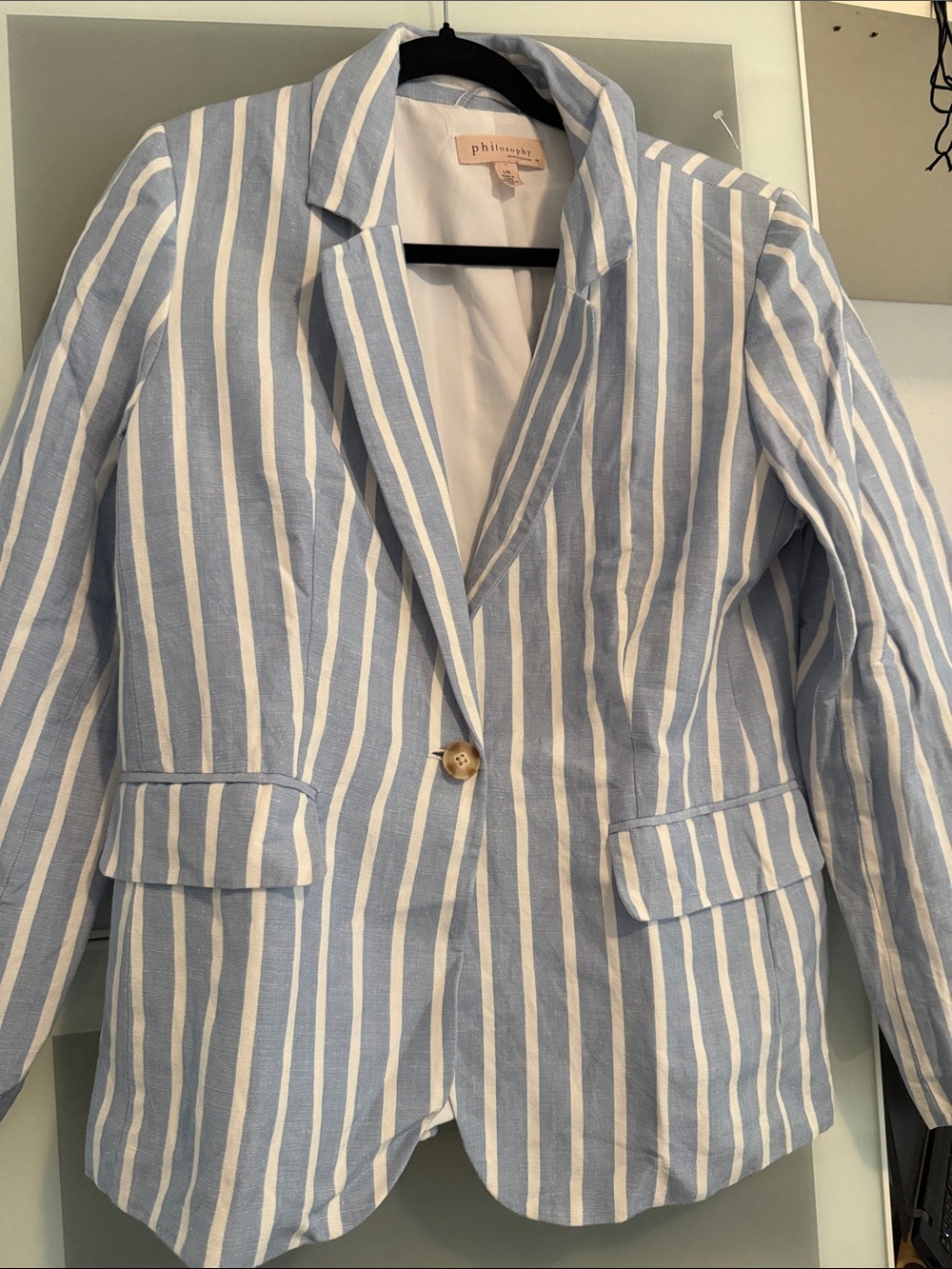 Philosophy Blue and White Striped Single-Button Blazer L